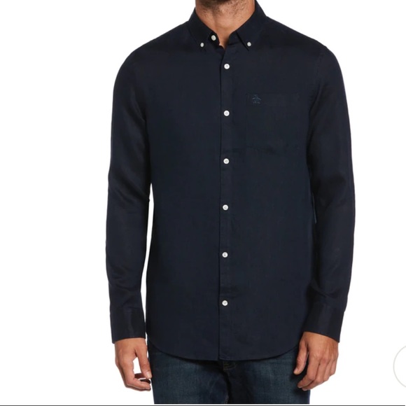 NWT Original Penguin Men's Button Shirt XXL Slim Fit Washed Linen Dark Sapphire - Picture 2 of 9
